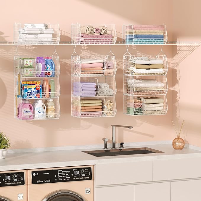 3 Tier Extra Large Closet Hanging Shelves with Divider, 16.5"L x 11.8"W x 33.6"H Closets Organizers and Storage with 5 S Hooks, Clothes Organizer for Sweaters Shoes Handbags Clutches Accessories-White