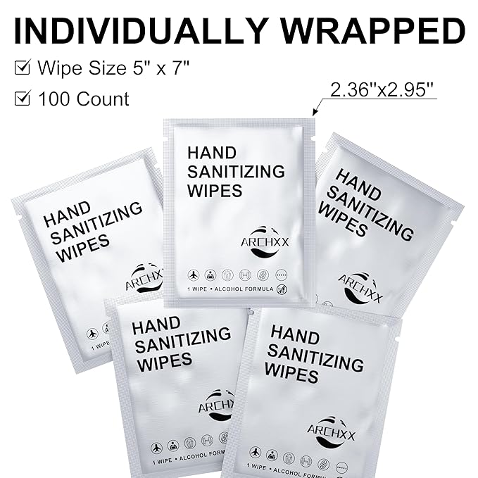 Premium Hand Sanitizing Wipes, 100 Count Non-Woven Wet Wipes Travel Size, Aloe Vera Scent, 70% Alcohol, Individually Wrapped, for Home, Office & Outdoor, Drawstring Bag Included