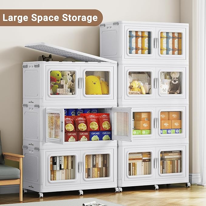 BROVIEW 900 Qt Stackable Storage Bin with Lid, 225Gal Extra Large Collapsible Storage Boxes, Folding Plastic Drawer, Heavy-Duty Store Cabinet, Closet Organizer for Home Kitchen, 3 Pack White