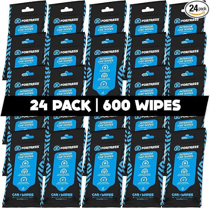 Fortress Car Interior Wipes (25 ct, Pack of 24) for Car Interior Cleaning, Dashboard, Seats, Detailing, and Steering Wheel [Travel Size] Skin-Safe Car Interior Cleaner Supplies