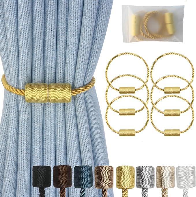 Magnetic Curtain Tiebacks 6 Pack Gold Curtain Rope Tieback Curtain Holders for Drapes Modern Tie Backs Decorative Curtain Holdbacks
