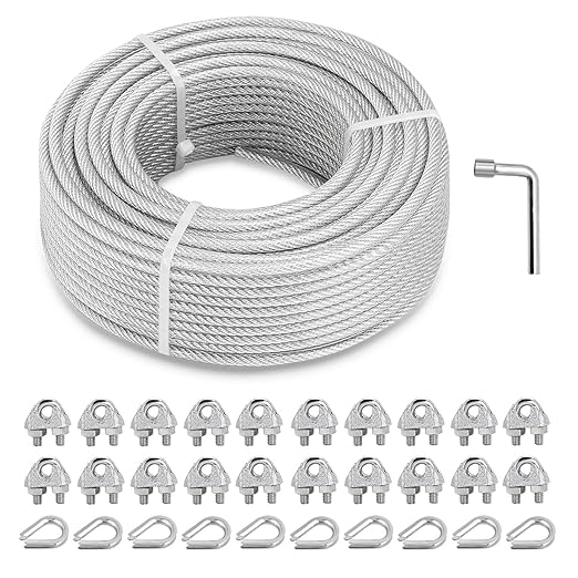3/16" Wire Rope Kit, 100Ft PVC Coated Steel Cable Guide Wire Tensioner Strainer Kit w/ 7×7 Strand Core Steel Wire for String Light Hanging Kit/Decking & Stair Railings/Shade Sails/Clothes Line