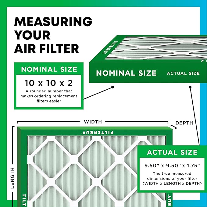 Filterbuy 10x10x2 Air Filter MERV 8 (MPR 700) Dust Defense Replacement (6-Pack), Electrostatic Pleated HVAC AC Furnace Filters, Made in USA (Actual Size: 9.50 x 9.50 x 1.75)