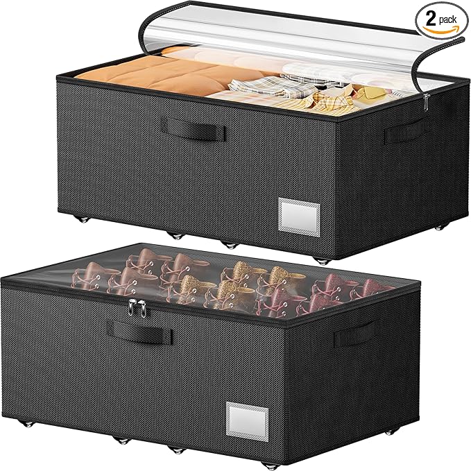 Underbed Storage with Wheels, 2 Pack Under Bed Storage Containers with Clear Lids No Assembly Required, 6.1 inch Rolling Under Bed Storage for Clothes, Shoes