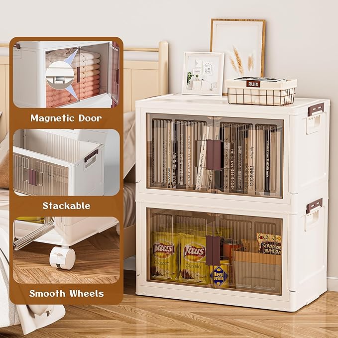 60GAL/240QT 4 Tier Large Stackable Storage Bins with Lids and Wheels, Collapsible Storage Bins Plastic with Doors, Suitable for Clothes, Closet, Home and Office