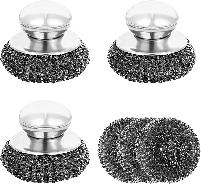 6Pcs Steel Wool Scrubber, Stainless Steel Scrubber with Handle for Cleaning Kitchen and Household Stubborn Messes from Stoves Pans Pots Grill Sink with Replacement Wire Brush Set (3 Pcs+3 Replacement)