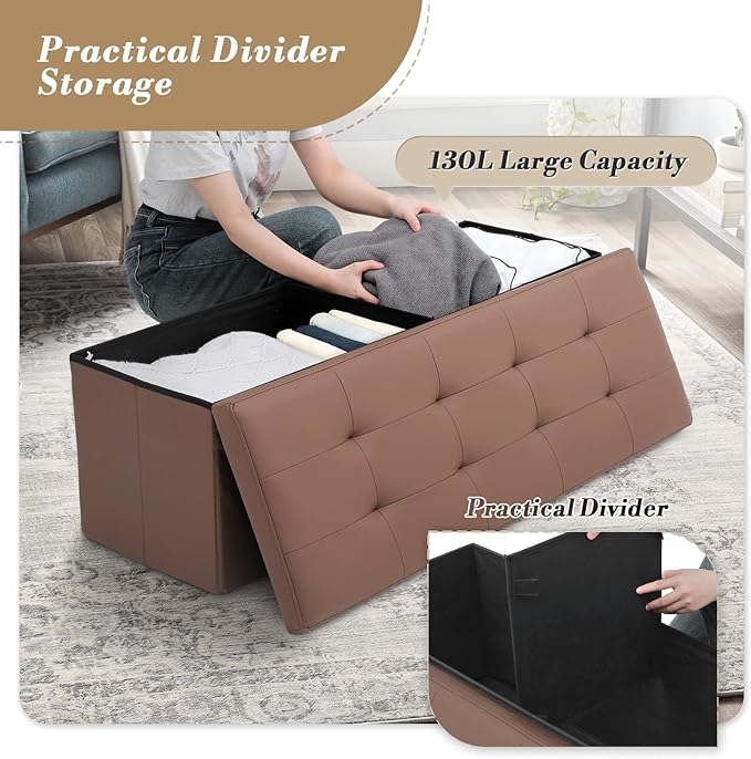 Athena Collection 43" Storage Ottoman Bench Folding Bench with 130L Hidden Storage, Large End of Bed Bench PU Leather Foot Rest Stool Chest with Flipping Lid for Living Room, Bedroom, Entryway, Brown