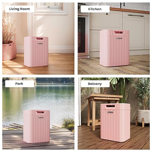 Ypati Handwoven 4 Gallon Rattan Trash Can with Lid, Boho Style Decorative Indoor and Outdoor Trash Bin with Shelf, Waste Basket for Bathroom, Patio, Study, with Trash Bags, Macaron Pink, Eureka