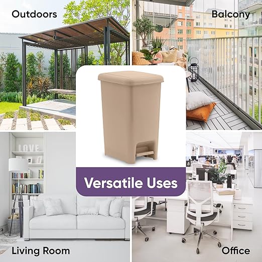 Superio Slim Step On Trash Can, Beige Waste Bin with Foot Pedal Lid 26 Liter, Kitchen, Under Desk, Office, Bedroom, Bathroom (2, 4 Gallon)