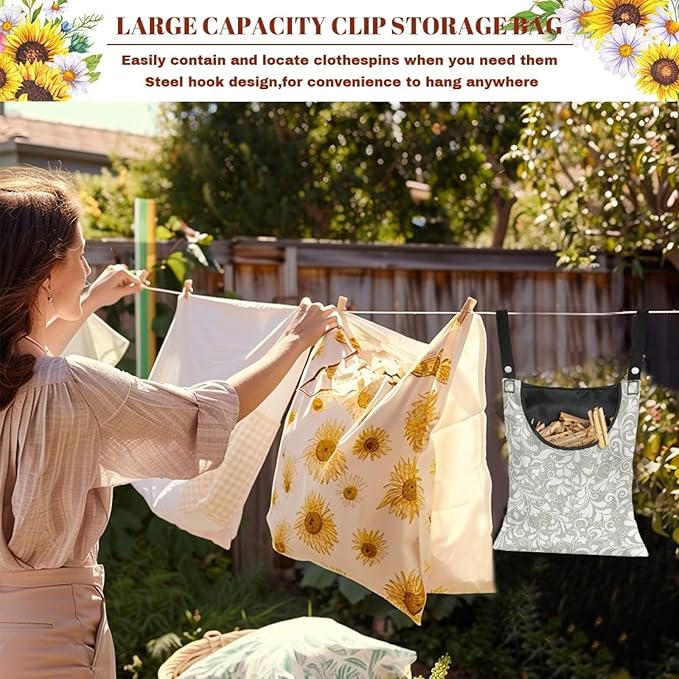 Large Clothespin Storage Bag 14.5"x12" with Oversized Opening - Heart Shape Floral Print Green Heavy Duty Polyester Hanging Organizer for Outdoor Clotheslines with Secure Snap Closure