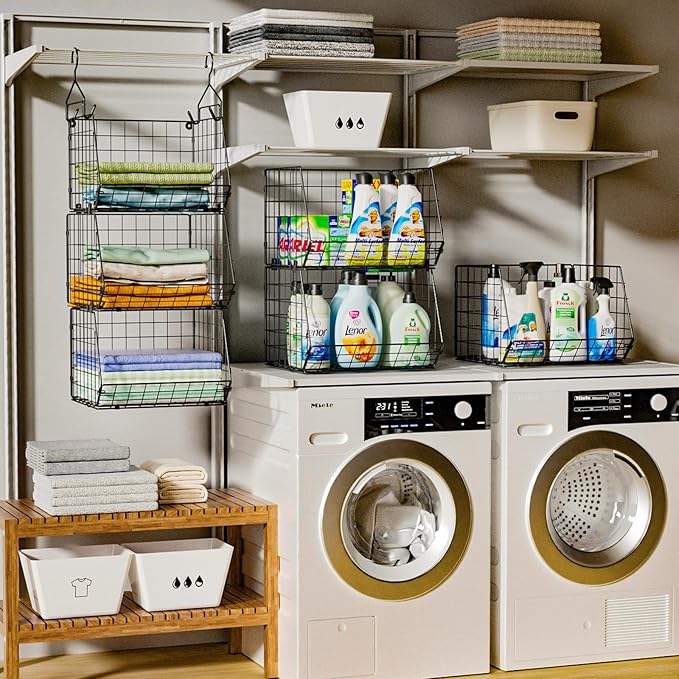 X-cosrack 3-Tier Hanging Storage Organizer for Closet, Laundry & Utility Room | Space Saving Shelves with 1.65" Hook & 5 S-Hooks | Hanging Wire Baskets (12.4" W x 8.8" H x 10.24-11.8" D)