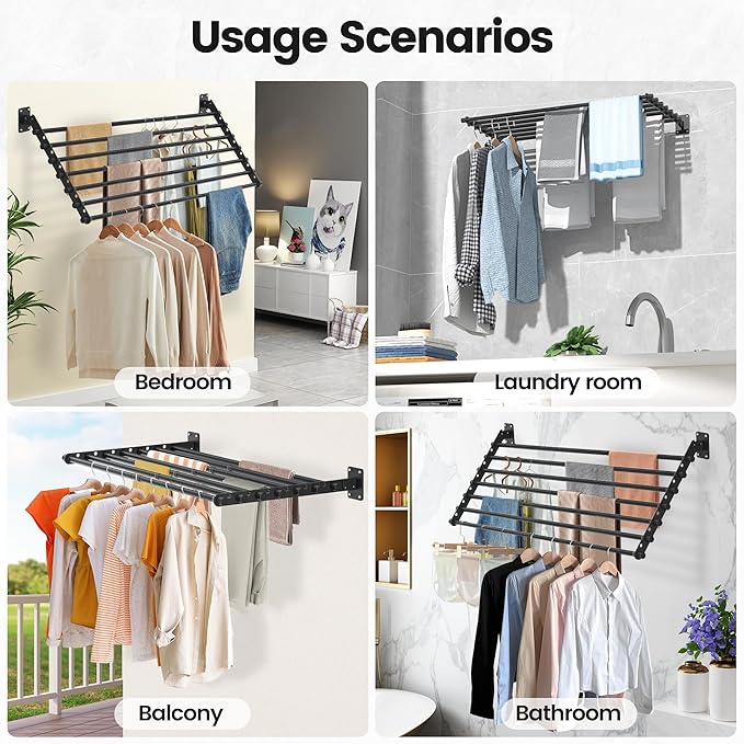 Wall Mounted Clothes Drying Rack 43 Inch – Foldable Laundry Drying Rack for Wall Mount, Space Saving Indoor Drying Rack for Clothes, Compact & Sturdy Design
