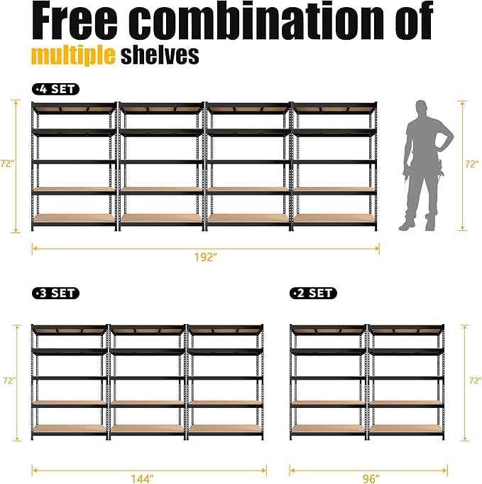 PrimeZone 4 Pack Storage Shelves 48" x 24" x 72", 5 Tier Adjustable Garage Storage Shelving, Heavy Duty Metal Storage Utility Rack Shelf Unit for Warehouse Pantry Closet Kitchen, Black