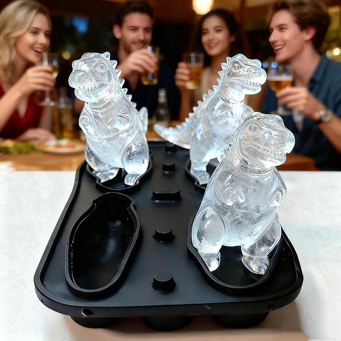 7.48inch Newly Upgraded 4-grid 3D Dinosaur Ice Tray and Covered Silicone Ice Tray, Suitable for Bars, Outdoor and Home Use (1, grey)