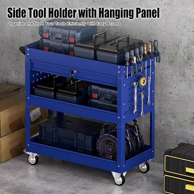 3 Tier Heavy Duty Tool Cart, Mechanic Metal Rolling Tool Carts Work Cart with Locked Drawers & Pegboard for Garage Workshop