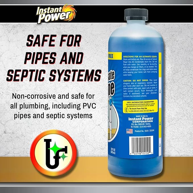 Instant Power A/C Condensate Drain Line Cleaner - AC & HVAC Unclogger for Air Conditioner Drain Lines, Prevents Odors & Water Damage, Safe for Pipes & Septic Systems - 32 oz (Pack of 1)