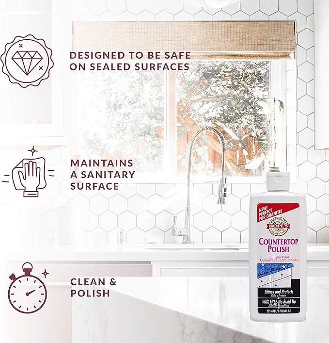 HOPE'S Countertop Restoration Polish, Streak-Free Kitchen Counter Cleaner, No Buildup Countertop Cleaner, Quartz, Marble, Corian, Composite, and Granite Cleaner and Polish, 8 Fl Oz, Pack of 12