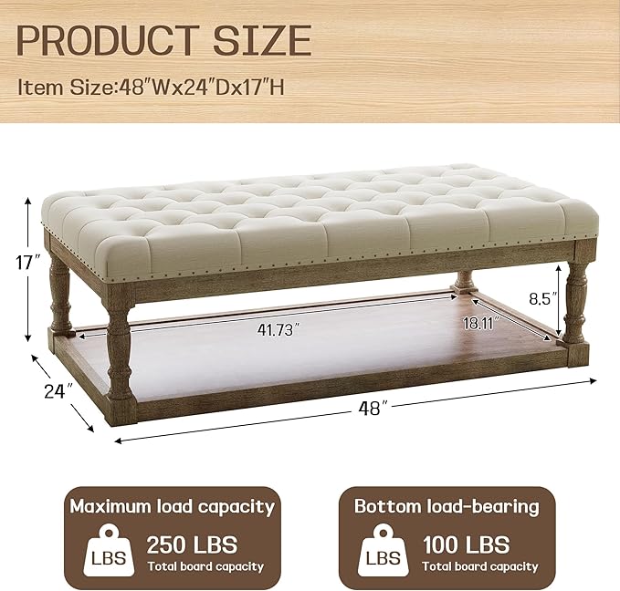 48" Large Ottoman with Storage Coffee Table, Upholstered Tufted Linen Ottoman Bench with Solid Wood Shelf for Living Room, Bedroom, Holds 250lbs (Ivory)