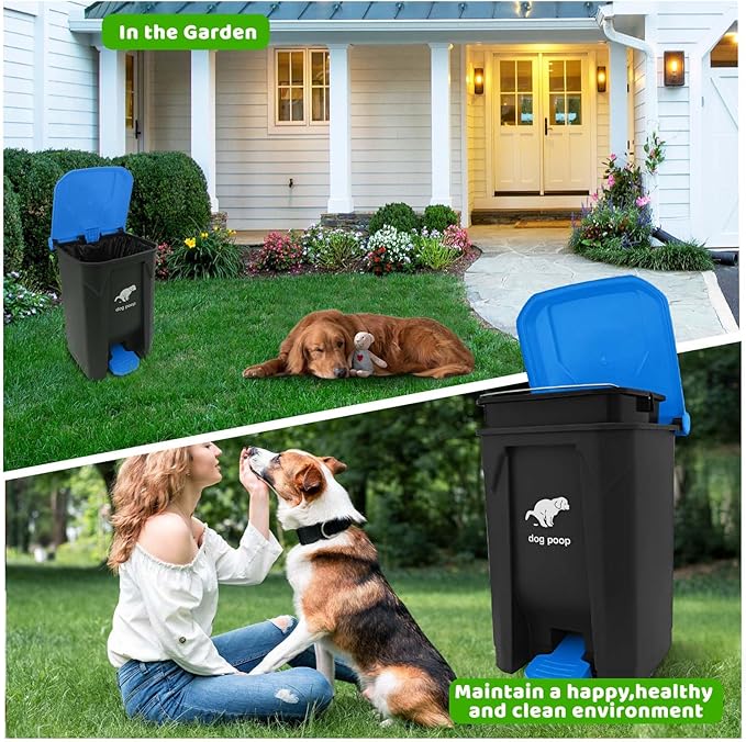 Dog Poop Trash Can Outside, 20L/5Gallon Dog Waste Trash Can with Lid, Pedal and Removable Inner Waste Bin, Pet Poop Bucket with 100 Bags, Blue
