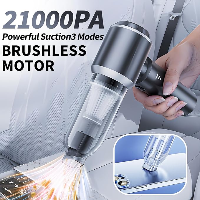 Car Vacuum Portable Cordless 21000PA High Power Mini Vacuum Cleaner 4-in-1 Compressed Air Duster & Air Blower & Pump Hand Held Vacuum with Brushless Motor for Car, Home, Office,Camping (silver gray)
