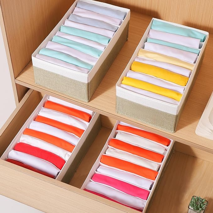 4 Packs T-shirt Drawer Organizers for Clothing,10 Grids Compartment Wardrobe Storage Box, Clothes Organizer for Folded Clothes, T-shirt, Legging-15.75''x9.06''x5.91-BeigeWhite