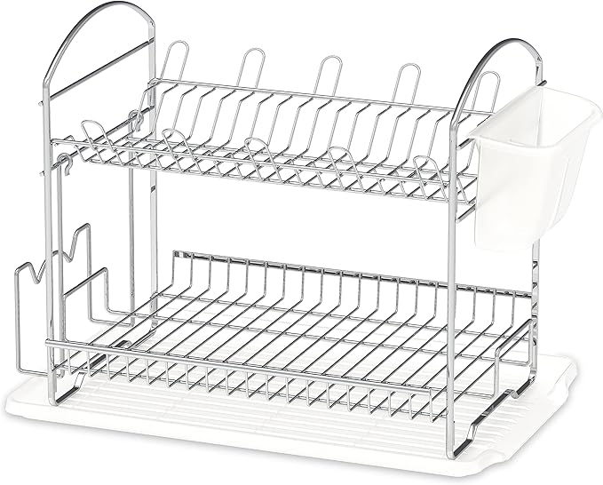 Simple Houseware 2-Tier Stainless Steel Dish Rack with Drainboard, Chrome for Kitchen