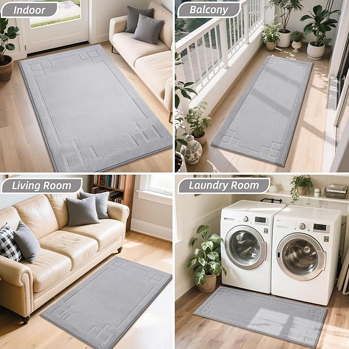 BEQHAUSE Door Mat 24" x 60", Non-Slip Door Mats Indoor Entryway Rugs Washable Low-Profile Absorbent and Stain Resist Floor Mats, Dog Door Mat for Front Back Door, Muddy Wet Shoes & Paws, Light Grey