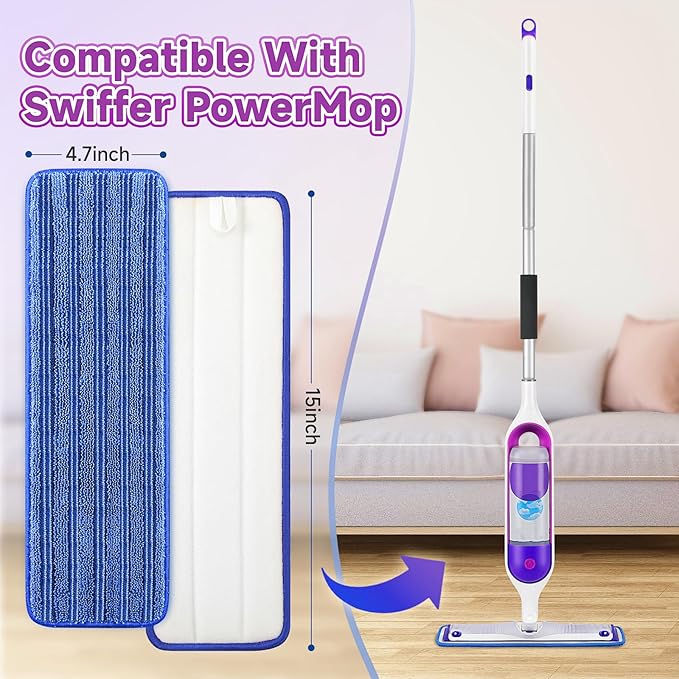 8 Pack Reusable Mop Pads Compatible for Swiffer PowerMop,Microfiber Mop Replacements Pads for 13''-15'' Spray Mop, Machine Washable Power Mop Pads for Swiffer,Dry Wet Spray Floor Pads, Blue