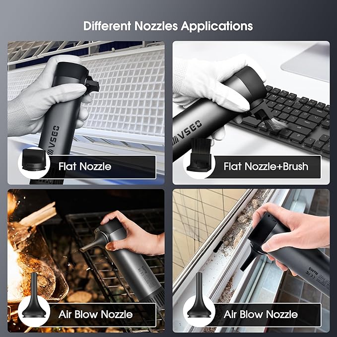 VSGO Electric Compressed Air Duster, Portable Cordless Handheld Air Blower with Led Light,10000mah Quick-Fill Inflator with 3nozzles Compatible for Gaps, Computer, Keyboard