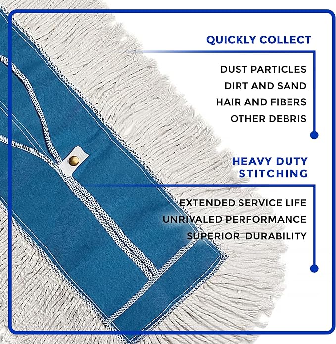 Nine Forty 48" Premium Cotton Dust Mop Kit - Heavy Duty Mop Head with Handle for Industrial, Commercial, and Residential Cleaning - Dry Floor Duster for Hardwood Surfaces - White