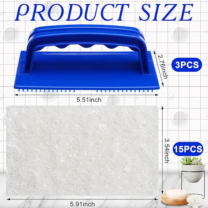 18 Pcs Handled Bath Scrubber Set, 15 Bathroom Scouring Pad 3 Bathtub Scrubber with Handle Non Scratch Soap Scum Remover for Cleaning Sink Shower Tile Swimming Pool Step and Corners(Blue and White)