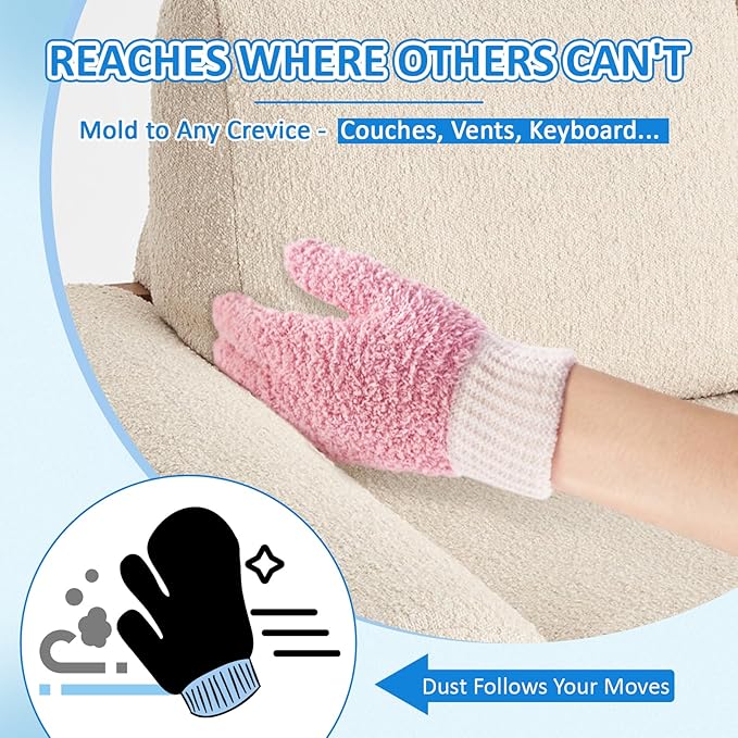 MIG4U Microfiber Dusting Gloves House Cleaning Glove for Blinds, Windows, Shutters, Furniture, and Car, Reusable Lint-Free Pink 2 Pairs S/M