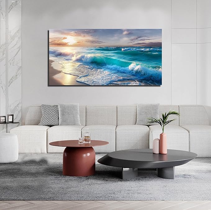 GUGIKA Ocean Wall Art for Living Room, Blue Wave and Large Coastal Beach Canvas Wall-Decor for Bedroom, Gold Sun Scenery Pictures for Hallway Office, Size 48 x 24 Inches