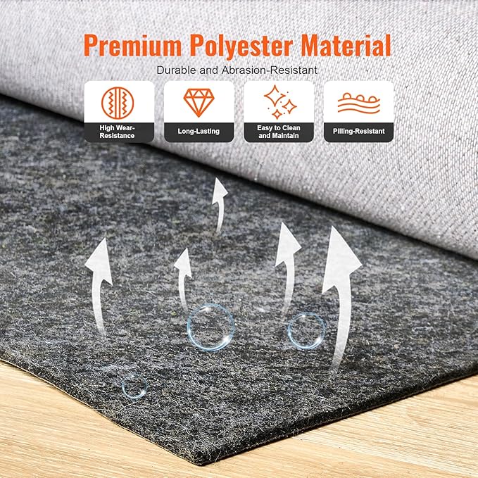 VEVOR Slip-Resistant Rug Pad, Protective Cushioning Carpet Pad, 2'x8' (7.87' Actual) - 1/4"Thick - Dual Surface - Polyester Felt + Latex, 1-2㎡ Area Carpet Padding Rug Cushion Safe for All Floors, Grey