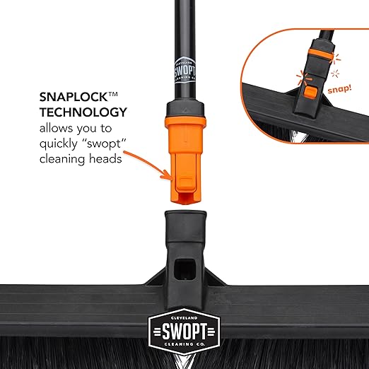 SWOPT 24” Push Broom, Angle Broom + 48” and 60" Steel Handles, Standard Combo — Cleaning Heads with Long Handles Interchangeable with All SWOPT Cleaning Products — Indoor/Outdoor, Black