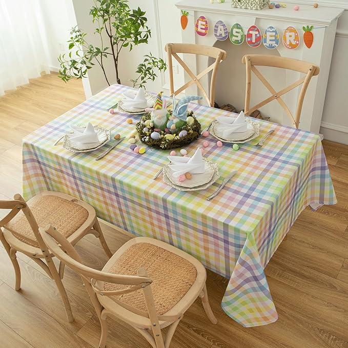 Waterproof Plaid Easter Tablecloth Fabric - Spring Square 58x58 Inch Classic Gingham Checker Holiday Table Cloth for Indoor Outdoor Use - Table Cover for Picnics, BBQs, and Parties
