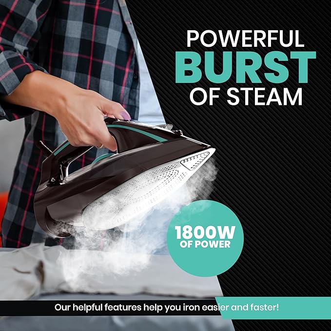 Utopia Home Steam Iron for Clothes - Non-Stick Soleplate - 1800W Clothes Iron With Auto-Off Safety Feature - Adjustable Thermostat Control, Variable Steam Control, Self-Clean, 8 Feet Cord (Black/Teal)