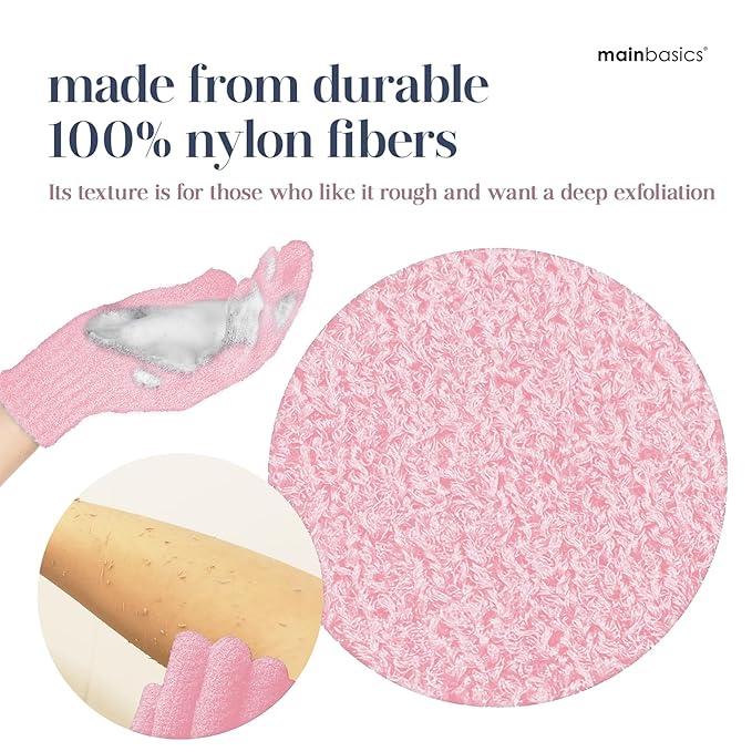 MainBasics Deep Cleansing Exfoliating Bath Gloves - Heavy-Textured Nylon Shower Scrub for Dead Skin Removal - Machine Washable with Hanging Loop (1 Pair, Soft Pink)