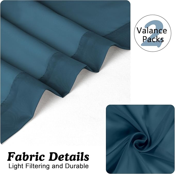 Chyhomenyc Stone Blue Sheer Valances for Windows 2 Pack, 42Wx14L Inches Small Valance for Living Room Bathroom Cafe Laundry Basement, Elegant Haze Blue Voile Valance