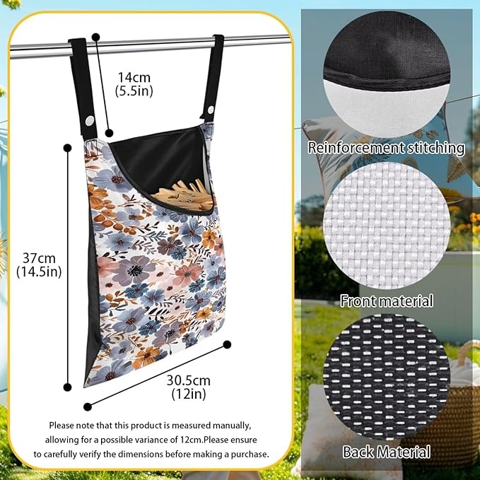 Blue Flowers Clothespin Organizer Bag Hanging Laundry Bag Portable Clothespin Storage with Hanger Hook 2 Ropes for Hanging and Effortlessly Sliding on Clothesline
