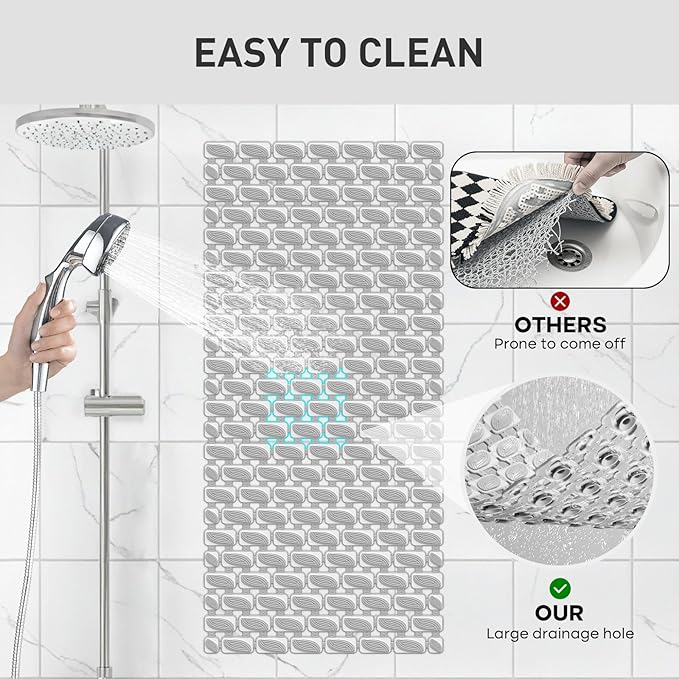 Shower Mat Non Slip Bathtub Mat - 36 x 16 Inch Eco-Friendly Soft Bath Mat for Tub Non Slip Shower Mats for Inside Shower with Suction Cups and Drain Holes, Easy to Clean Quick-Drying, Grey