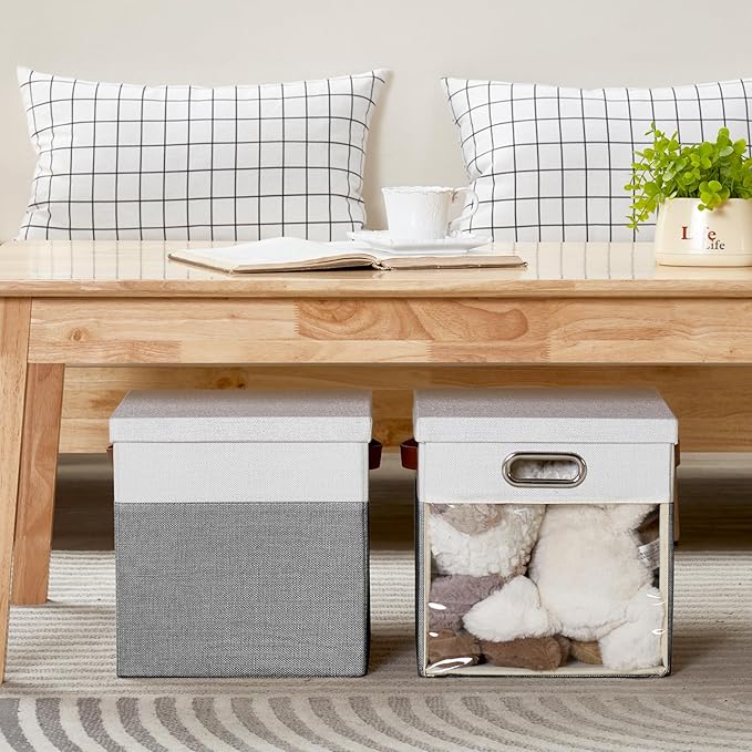 Fabric Storage Cubes with Clear Windows and Lids, 11'' Foldable Storage Bins with 3 Handles, Decorative Storage Boxes for Home, Bedroom, Closet, Office (Gray & White)