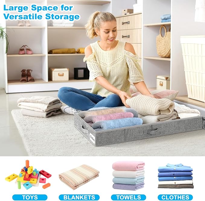 Under Bed Storage Container Bins 2 Pack, 5 Inch Thin Low Profile Underbed Clothes Storage Organizer for Dorm & Home, Use for Blanket and Toy Storage Box W/ Sturdy Bottom/Sides, Foldable Thick Fabric