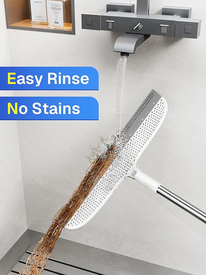 Silicone Floor Squeegee & Broom – Long Handle Hair Remover for Water, Pet Hair – for Bathroom, Tile, Concrete, Garage, Deck, Glass – Indoor Outdoor Cleaning Tool – White (15.7 inch)