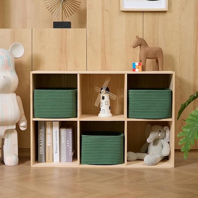 Small Organizing Baskets for Cubes Shelf, 9.7x9.7x7.1 Inch Rope Woven Storage Bins for Nursery Shelves Storage, Cute Toy Basket, Square 3 Packs Green
