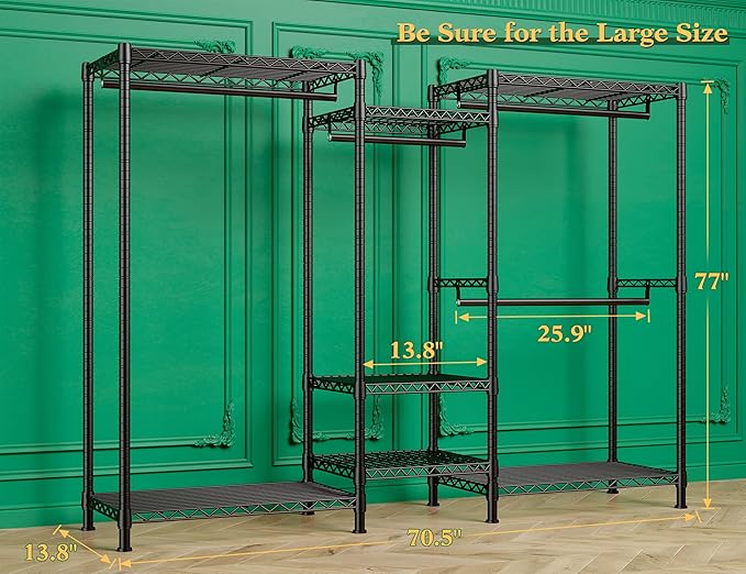 Raybee Clothes Rack, 725 LBS Clothing Rack Adjustable Clothing Racks for Hanging Clothes Metal Wire Garment Racks Sturdy Clothes Rack, 77" H x 70.5" W x 13.8" D, Black