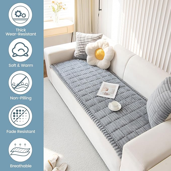 OTOB Couch Cover for Dogs Washable, Non Slip Plush Fuzzy Sofa Covers for 3 Cushion Couch Pet Friendly, Soft All Seasons Sofa Slipcover Cozy Furniture Protector (Gray, 31.5" x 82.7")