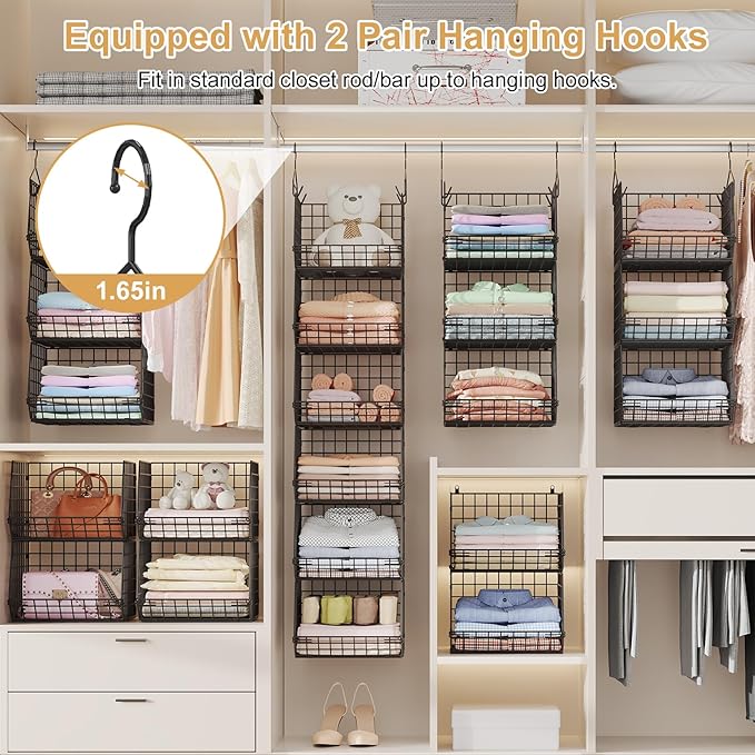 6 Tier Closet Hanging Organizer, Clothes Hanging Shelves with 4 Hanging Hooks 5 S Hooks, Wire Storage Basket Bins, for Clothing Sweaters Shoes Handbags Clutches Accessories Patent Design-Black