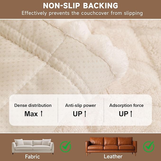OTOB Plush Couch Cover for Dogs Washable, Non Slip Fuzzy Soft Armrest Backrest Sofa Slipcovers Geometric Jacquard Pet Friendly Couch Covers Protector All Season, 1 Piece (White, 27.6"x27.6")