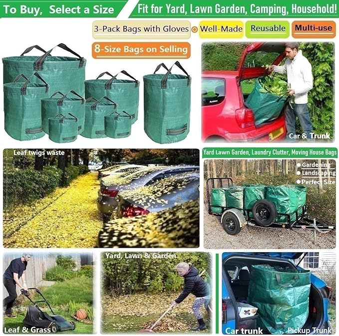 Standard 3-Pack 32 Gallons Yard Garden Bags (D18, H30 inches) with Gardening Gloves, Standable Reusable Leaf Bags,Plant Trimming Bag,Yard Waste Bags,Trash Container,Lawn Grass,Weeds Bag w/ 4 Handles
